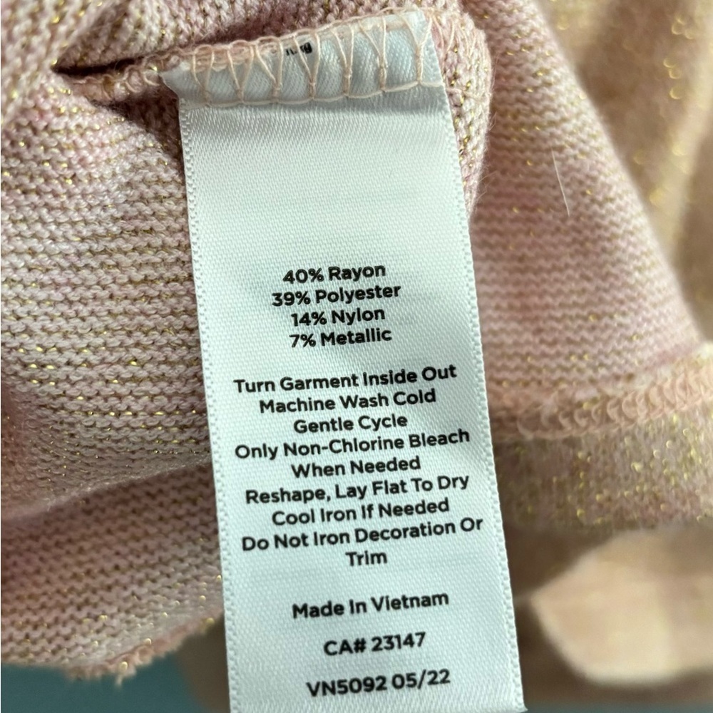 Talbots Long Sleeve Top Womens Size Medium Petite Pink Shimmer Metallic Tie Neck - Picture 7 of 7